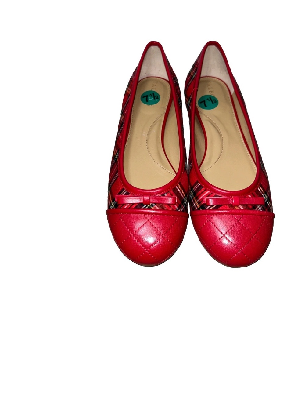 Talbots Women’s Blair Tartan Plaid Cap Toe Ballet Flats Red Bow Shoe Size 7.5M